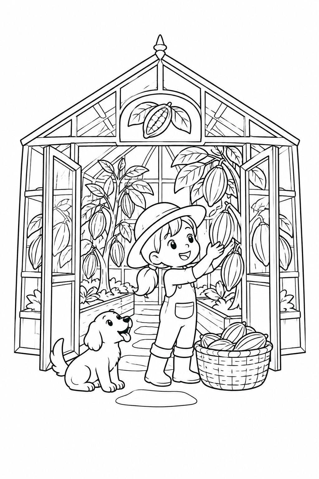 カカオの実がなる温室の塗り絵