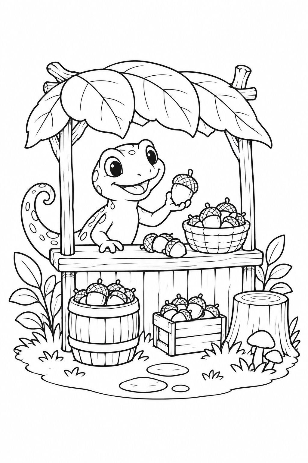 ヤモリとどんぐりの屋台の塗り絵