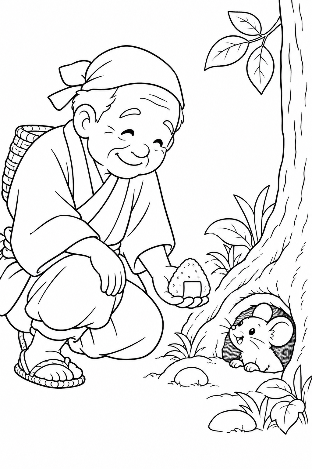 おむすびころりん・ほっこり：穴から顔を出すねずみの塗り絵