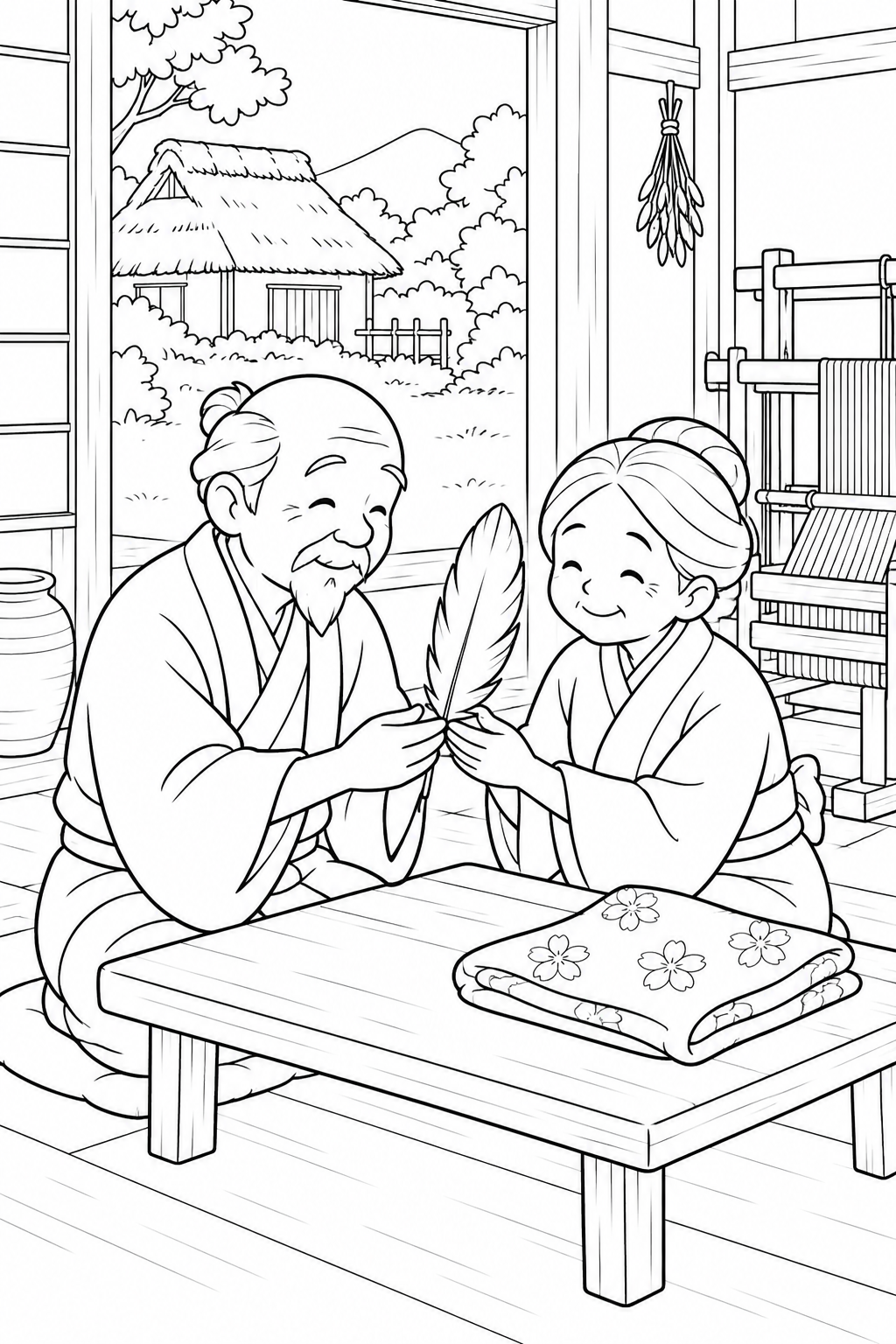 つるの恩返し:大切に見つめる一枚の羽の塗り絵