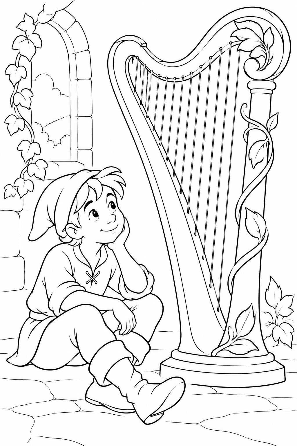 Jack and the Beanstalk・Heartwarming — Meeting the enchanted harp coloring page