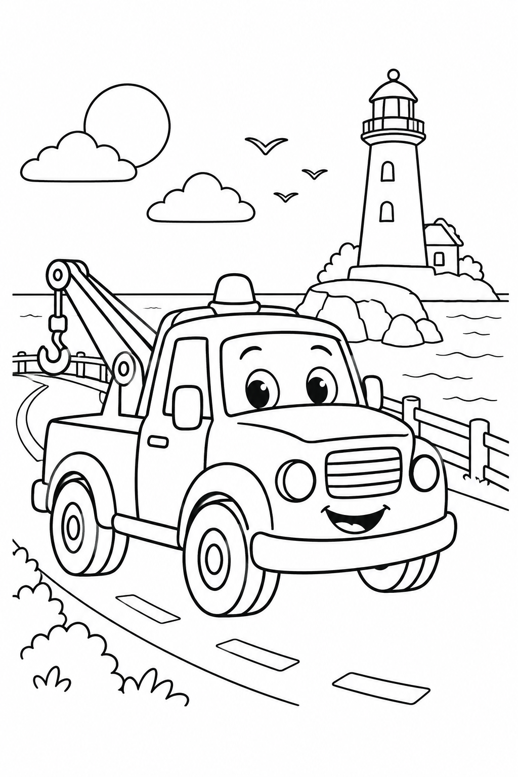 レッカー車と海沿いの道の塗り絵