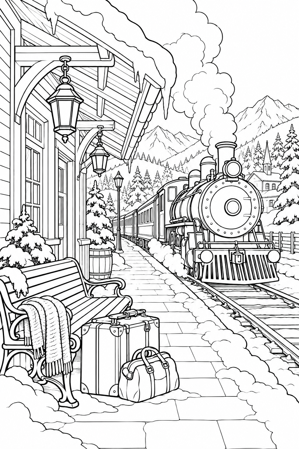 冬の小さな駅の旅じたくの塗り絵