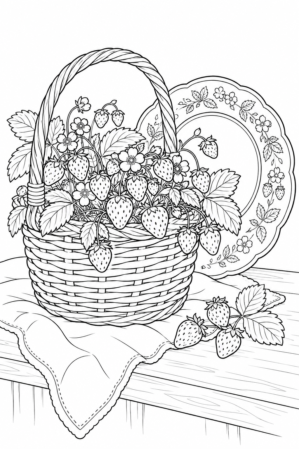 野いちごのかごと陶器の皿の塗り絵