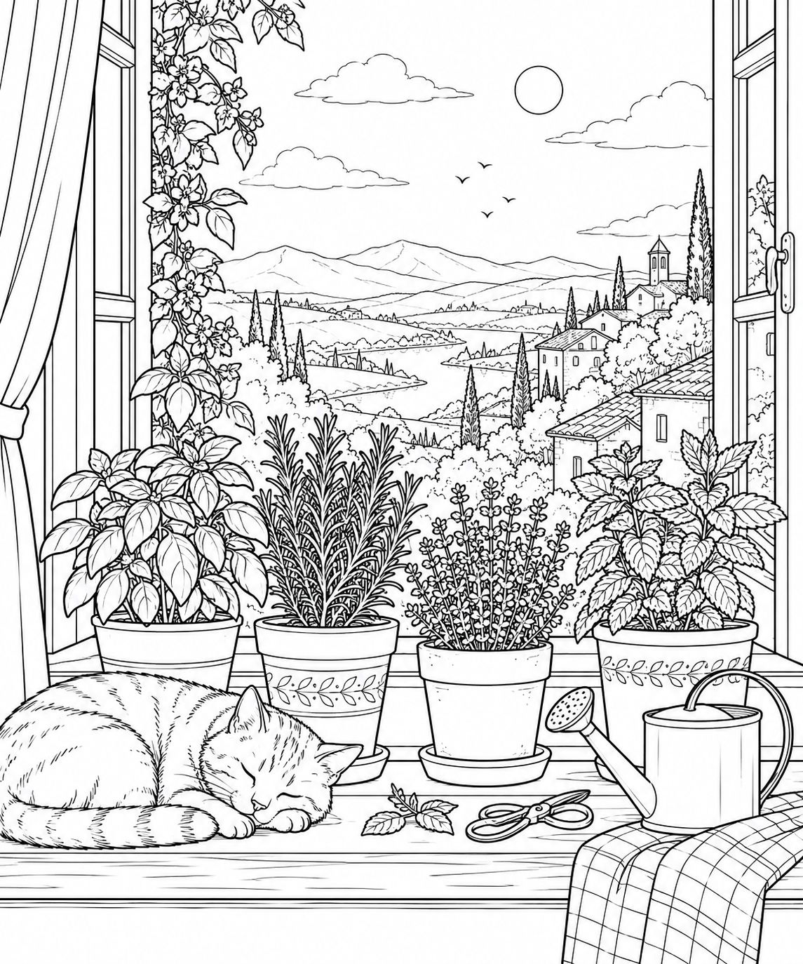 自然のひとこま：窓辺のハーブの鉢の塗り絵