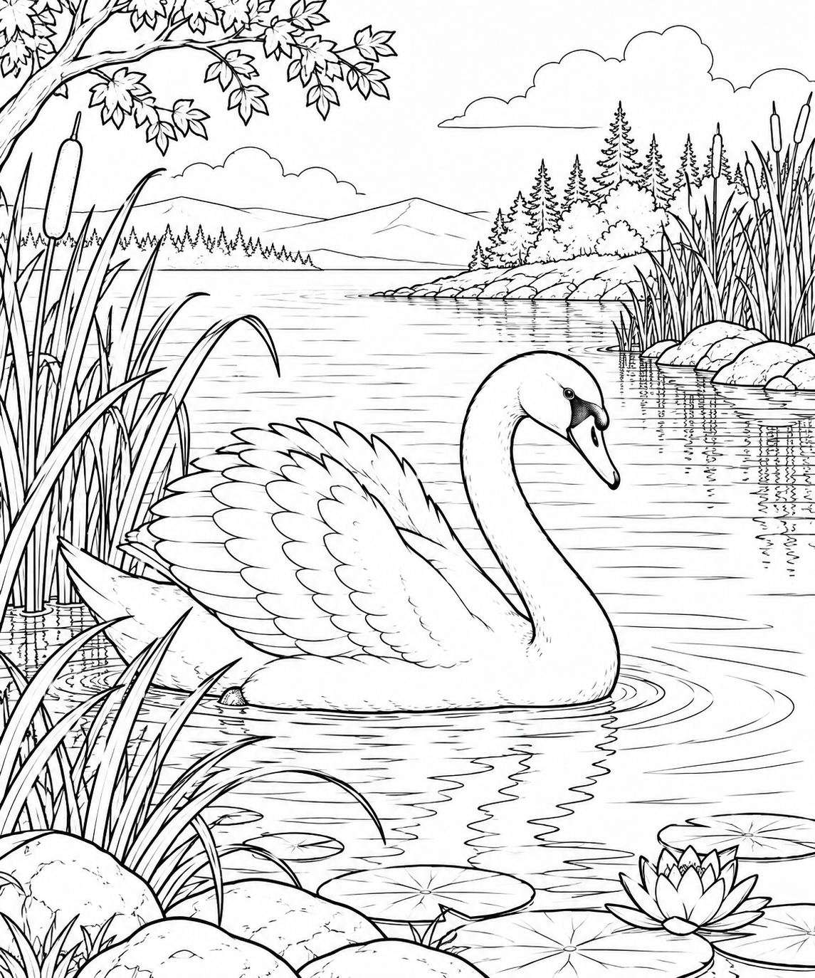 自然のひとこま:ハクチョウと葦の入り江の塗り絵
