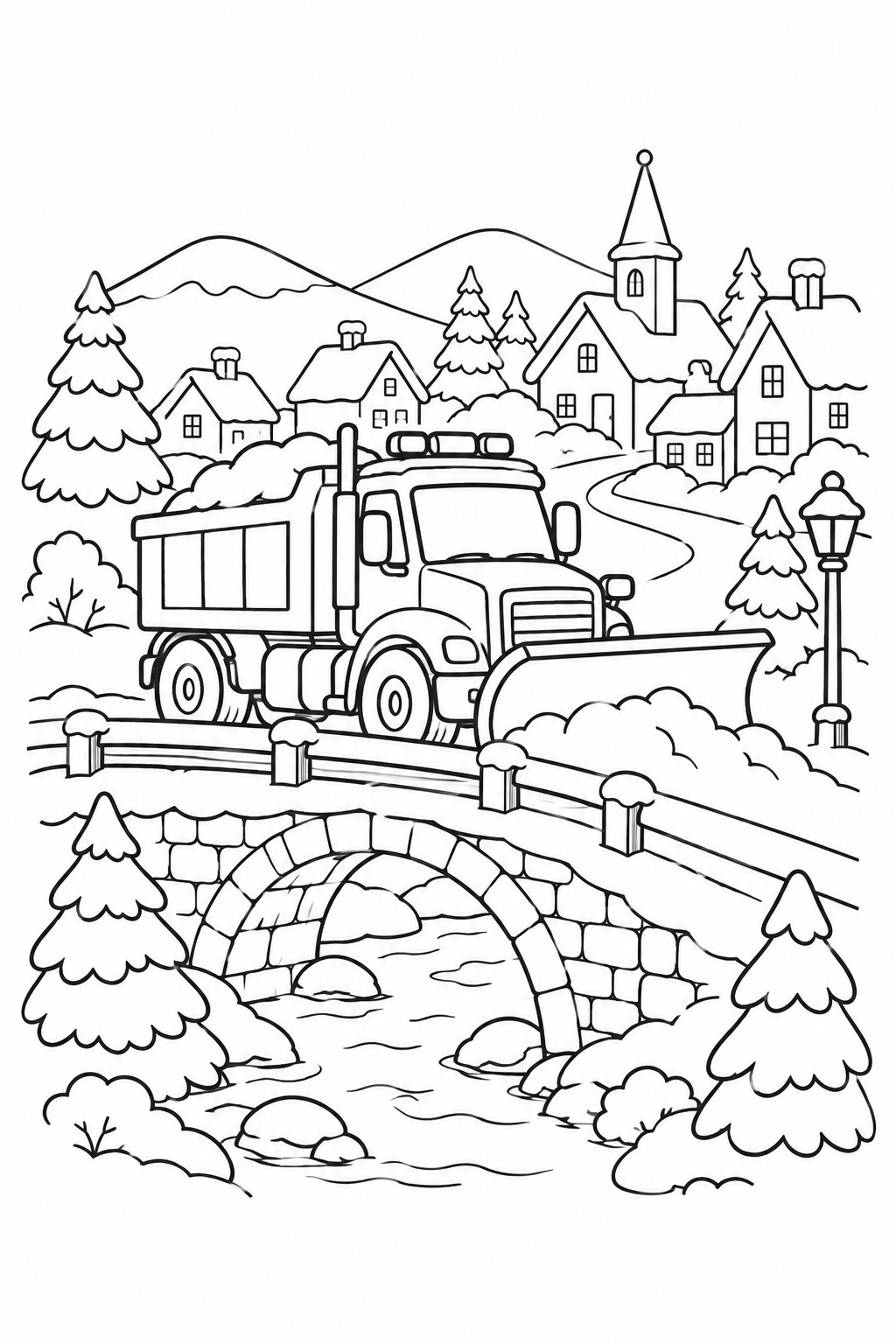 除雪車と町の橋の塗り絵