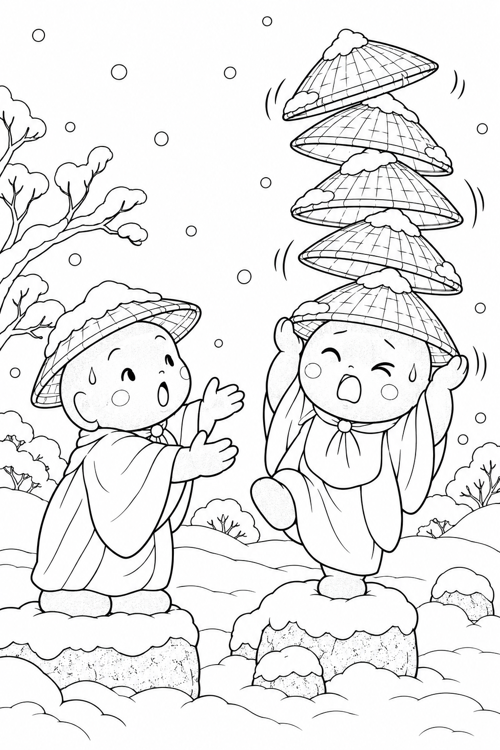 かさじぞう・笠のタワーは何段目の塗り絵