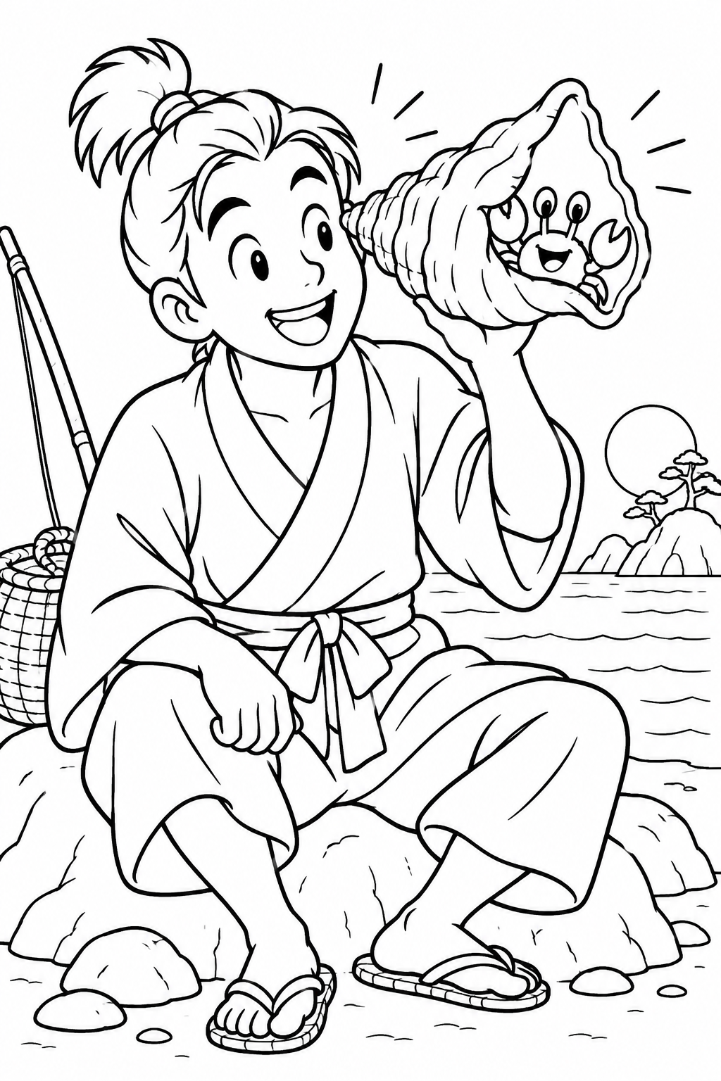 浦島太郎:ほら貝電話の中にカニ(ギャグ)の塗り絵