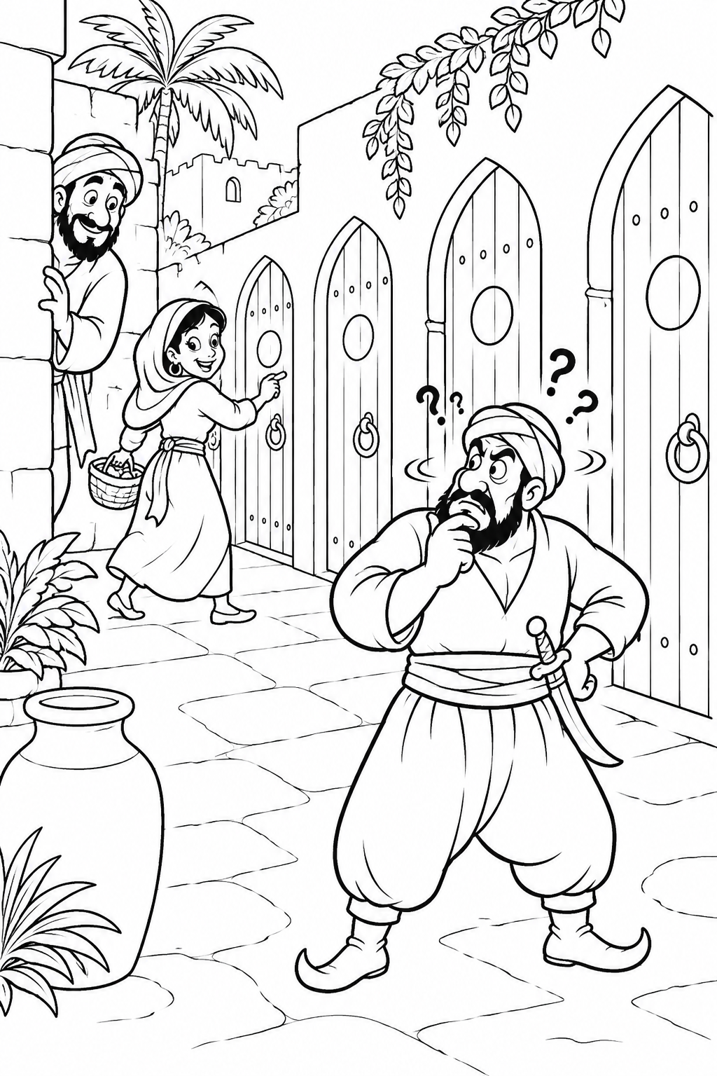 Coloriage Ali Baba et les quarante voleurs:Le voleur perdu devant les mêmes marques(Humour)