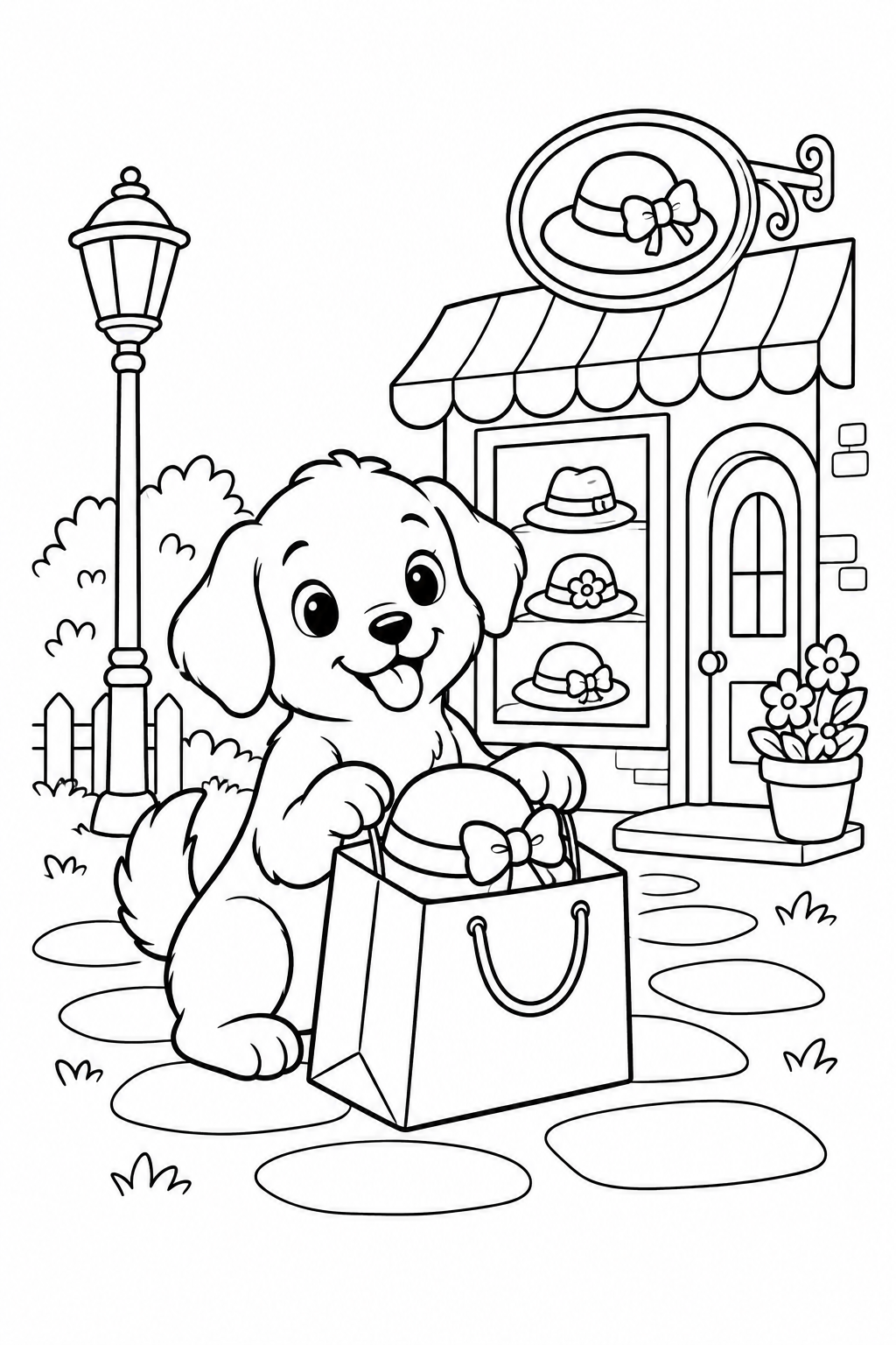 こいぬの帽子屋さんのお買い物の塗り絵
