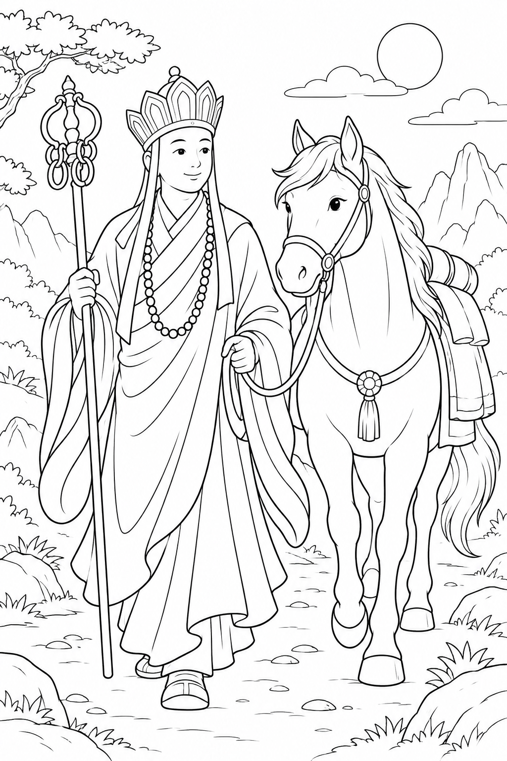 ほっこり西遊記：白馬と歩く三蔵法師の塗り絵
