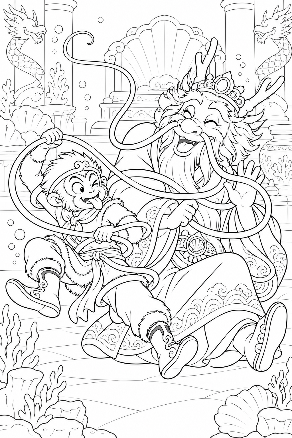 Dibujo de Viaje al Oeste cómico：Wukong y el Rey Dragón para colorear