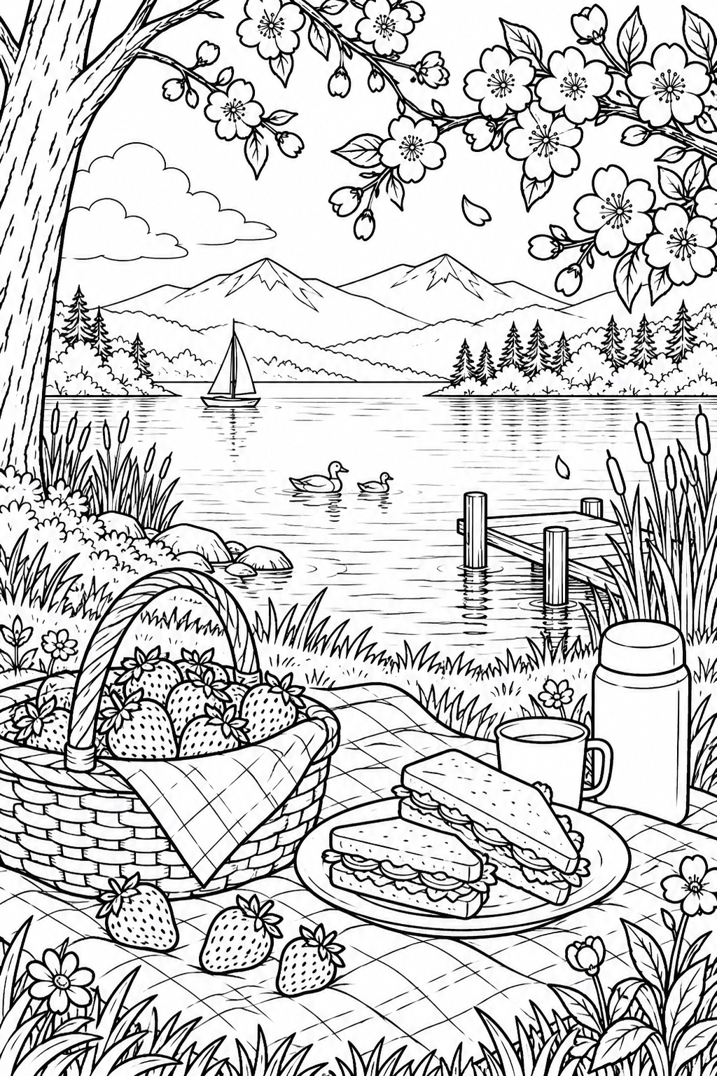 春の湖畔のピクニックの塗り絵