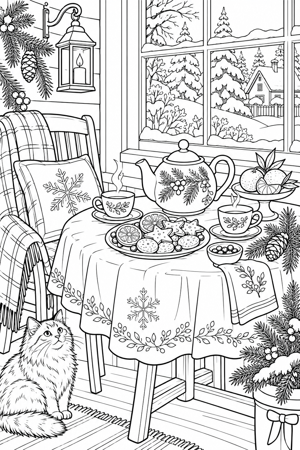 冬の庭園のお茶の時間の塗り絵
