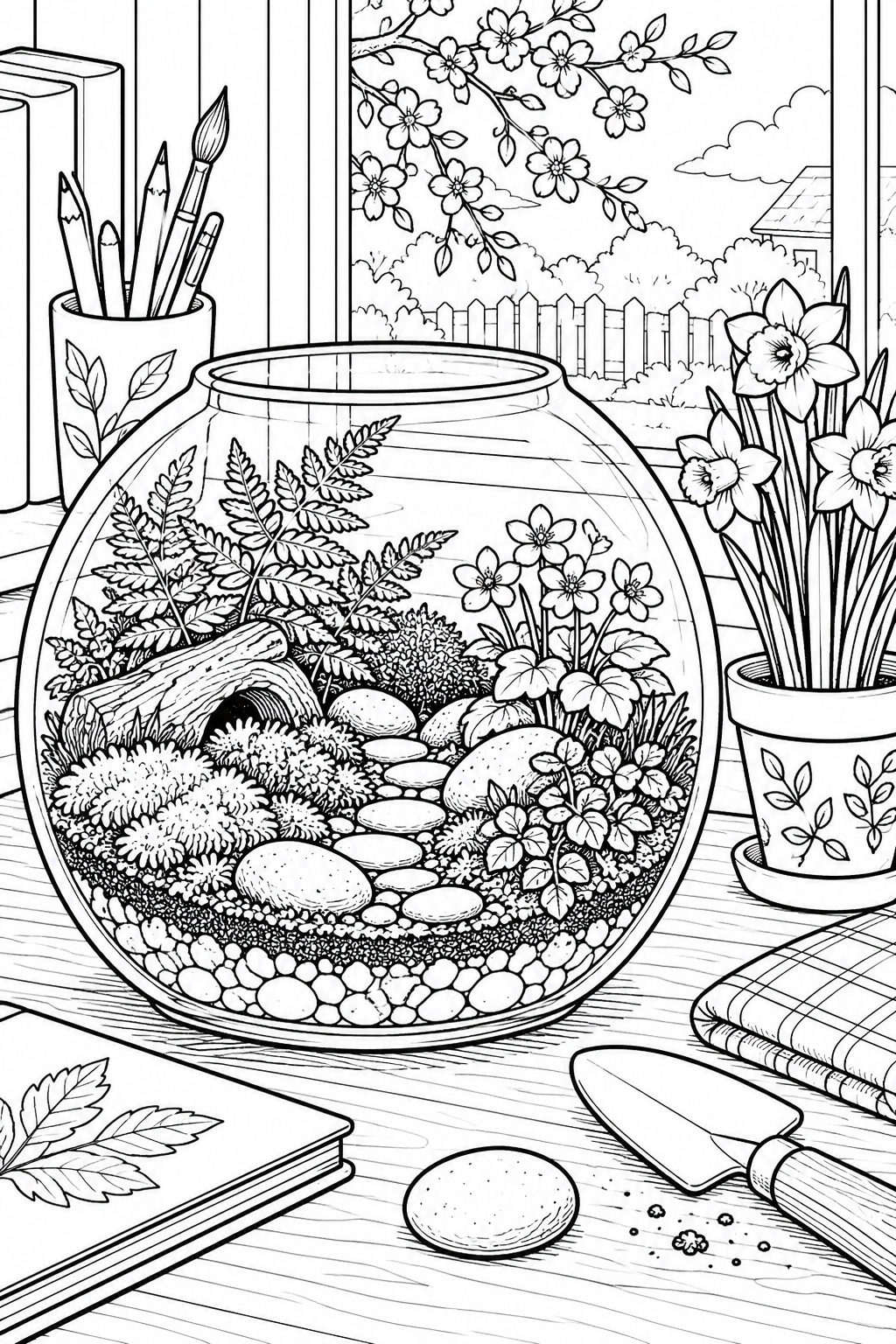 春のガラスびんの小さな世界の塗り絵