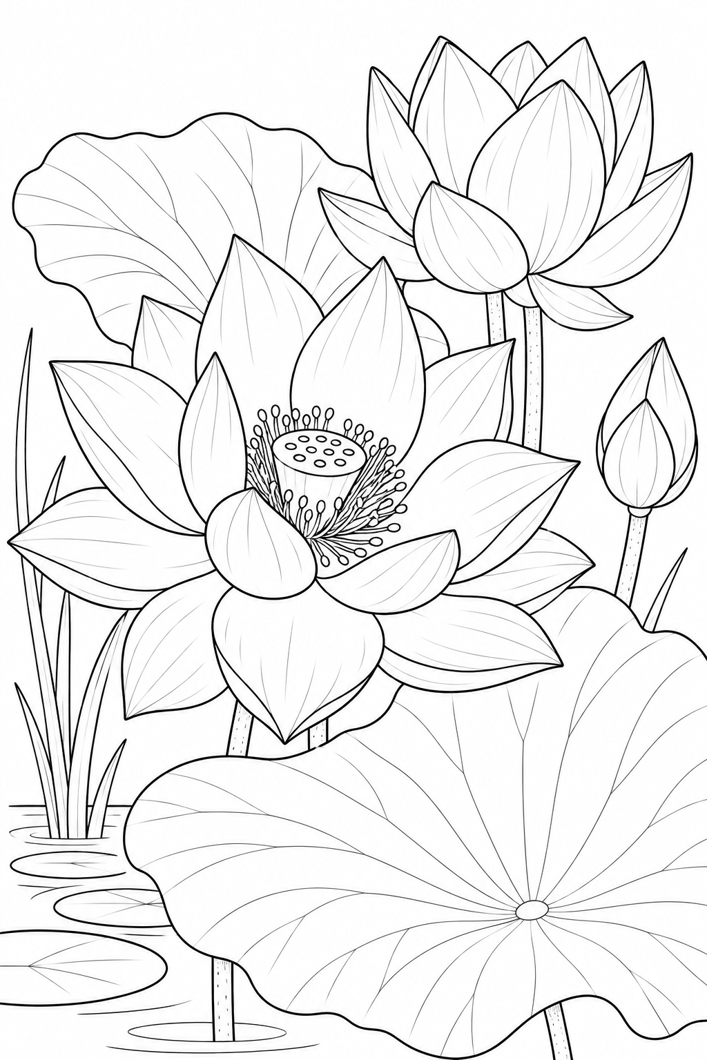 観察スケッチ:ハスの花と大きな葉の塗り絵