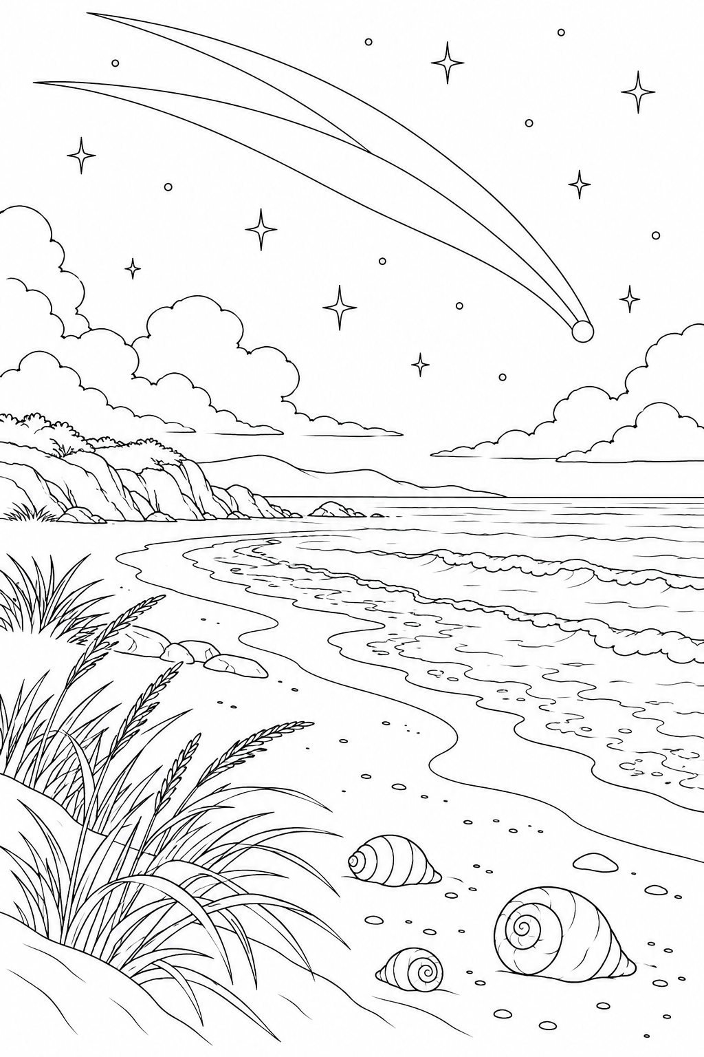 貝殻のある砂浜と尾をひく彗星の塗り絵