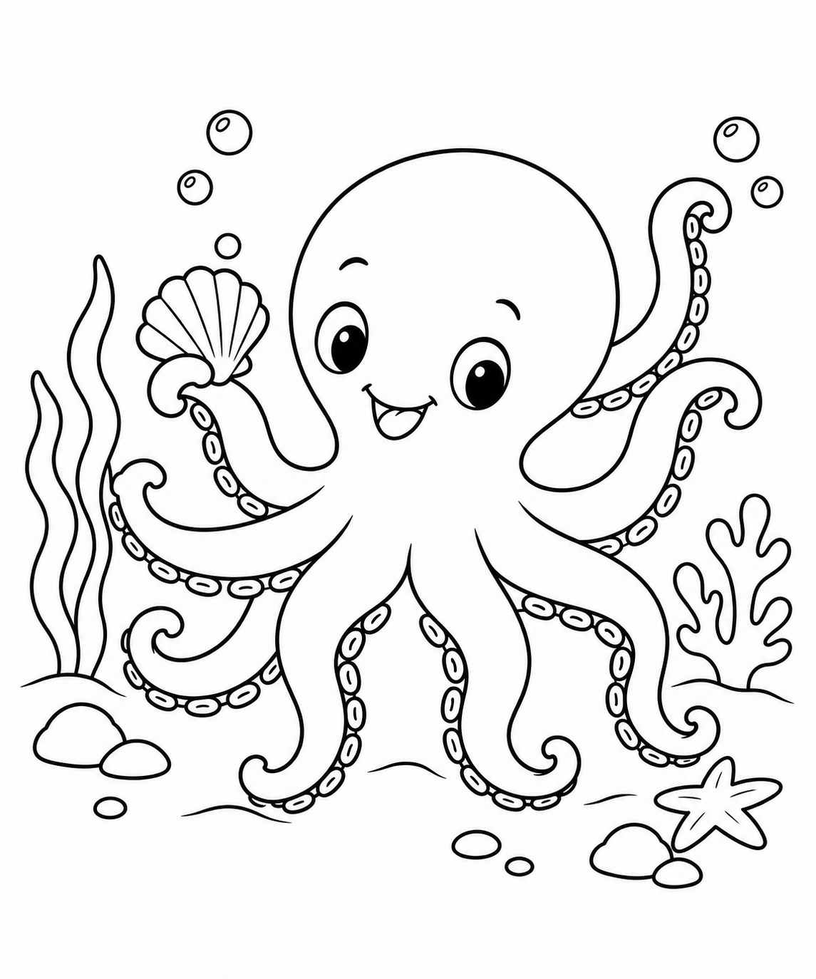 タコと貝がらの塗り絵