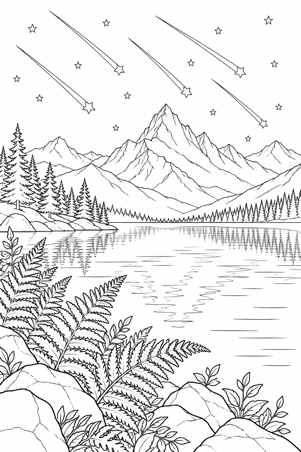 高山湖とシダと流星群の塗り絵