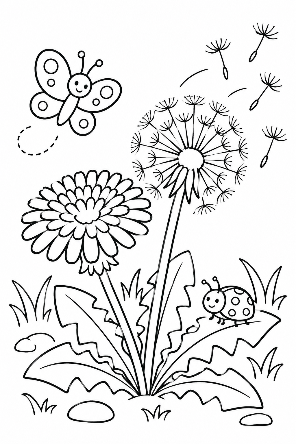 Dandelion flower beside a seed head coloring page