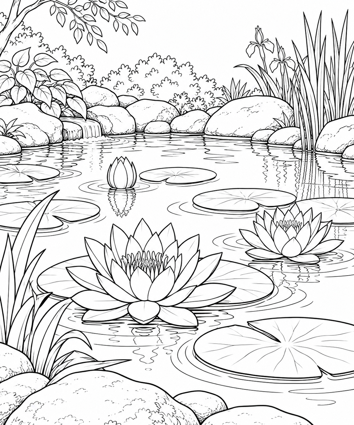 自然のひとこま：スイレンと水面の輪の塗り絵