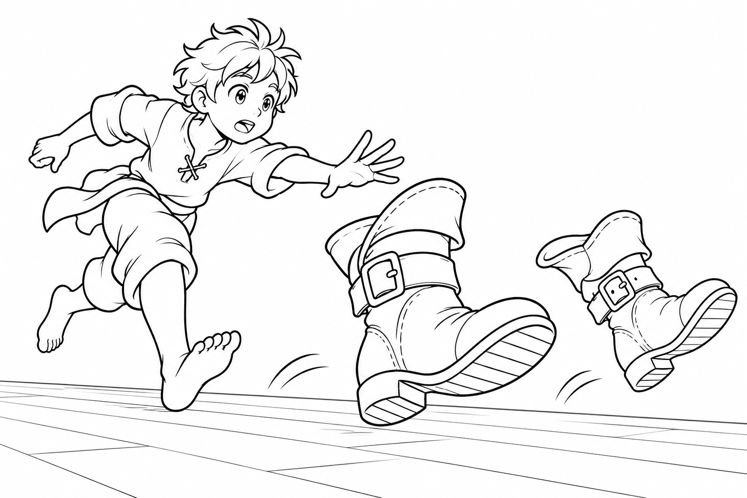 踊る靴に追いつく少年の塗り絵