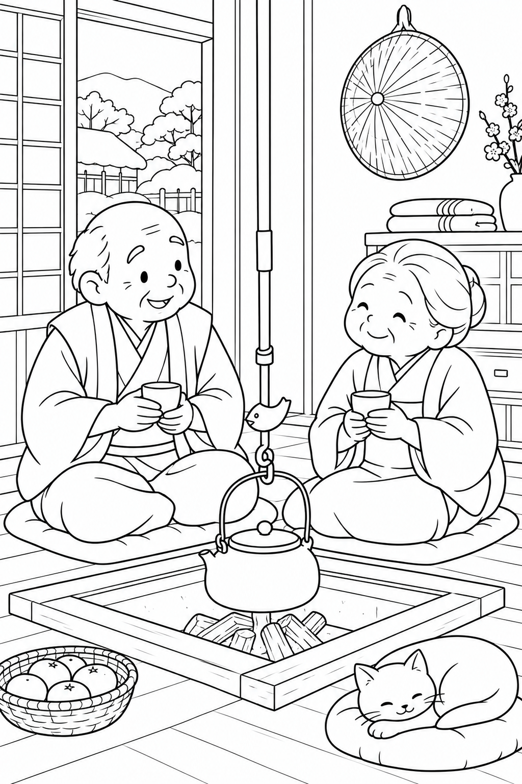 かさじぞう・いろりで分けるぬくもりの塗り絵