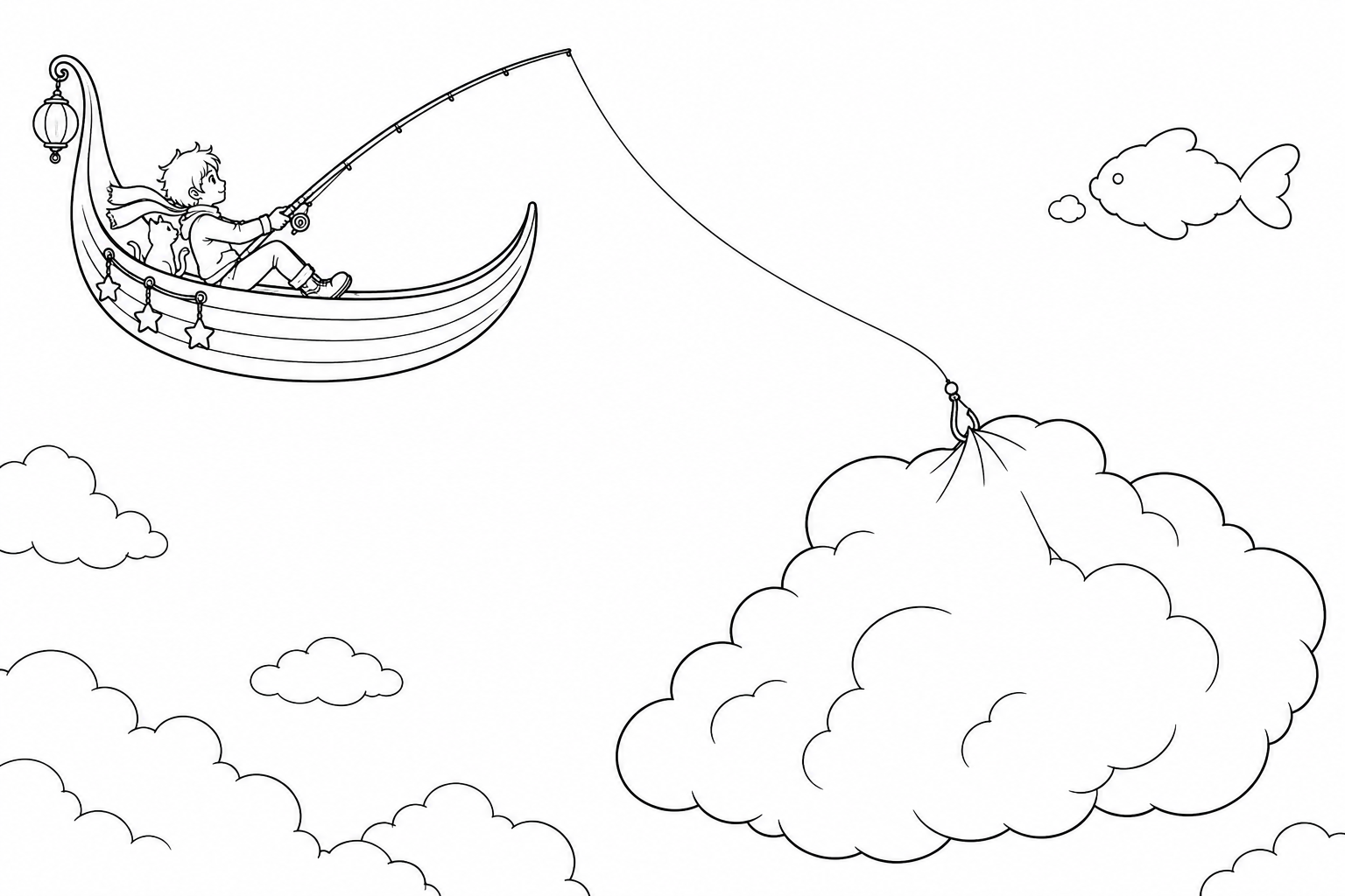 Dibujo de Pescando nubes desde una barca lunar para colorear