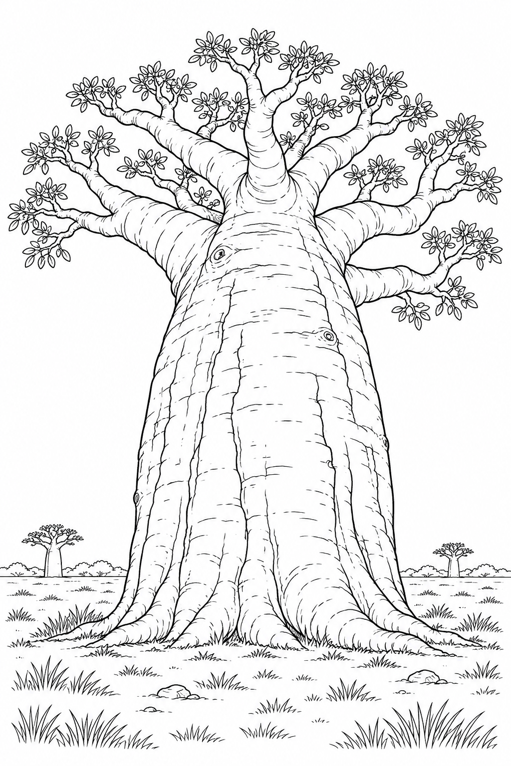 Dibujo de Baobab extendiendo ramas al cielo para colorear