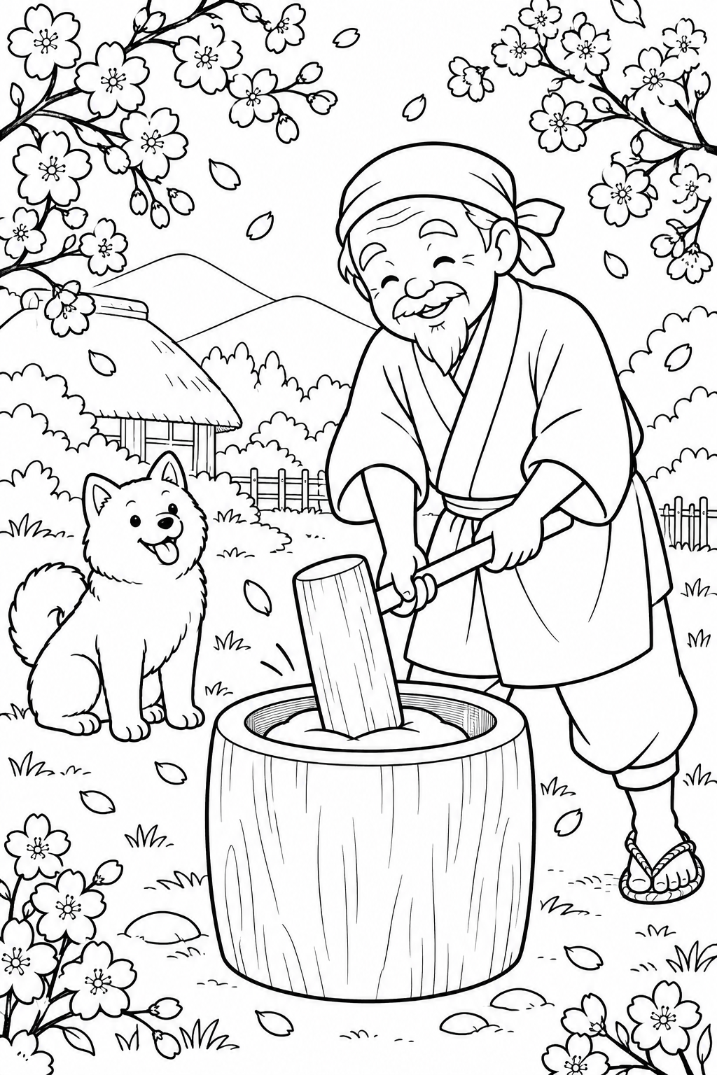 Dibujo de El anciano que hacía florecer los árboles: Preparando mochi ante el perro blanco (Acogedor) para colorear
