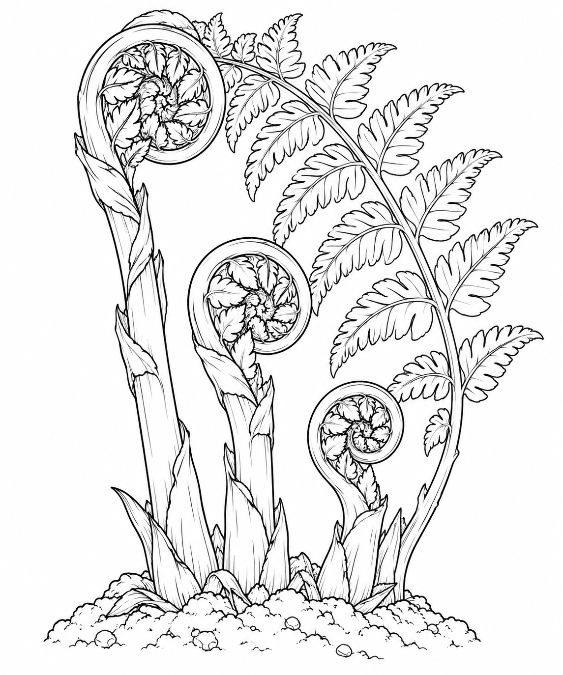 Coloriage Étude de jeunes pousses de fougère