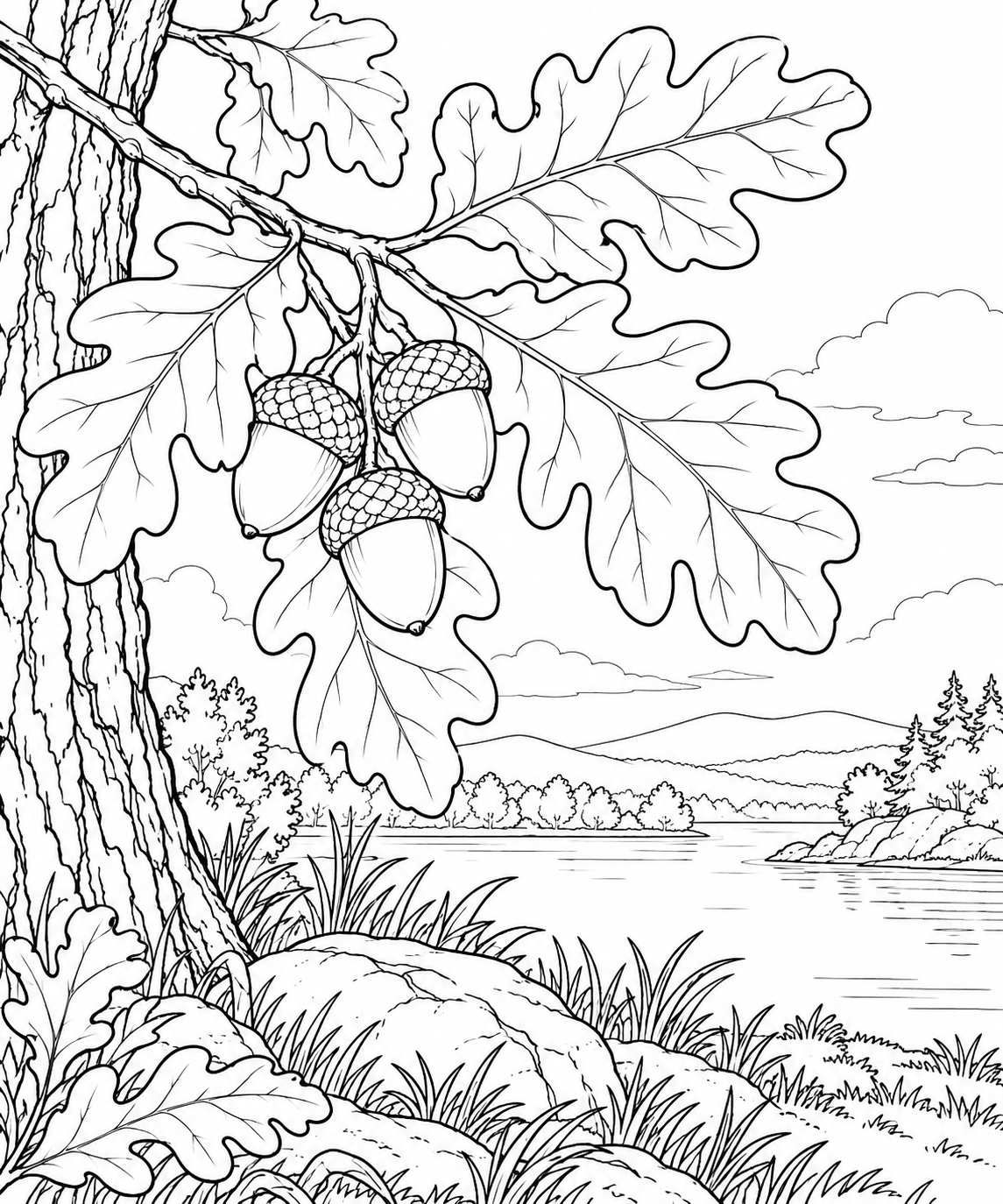 自然のひとこま:オークの葉とどんぐりの塗り絵