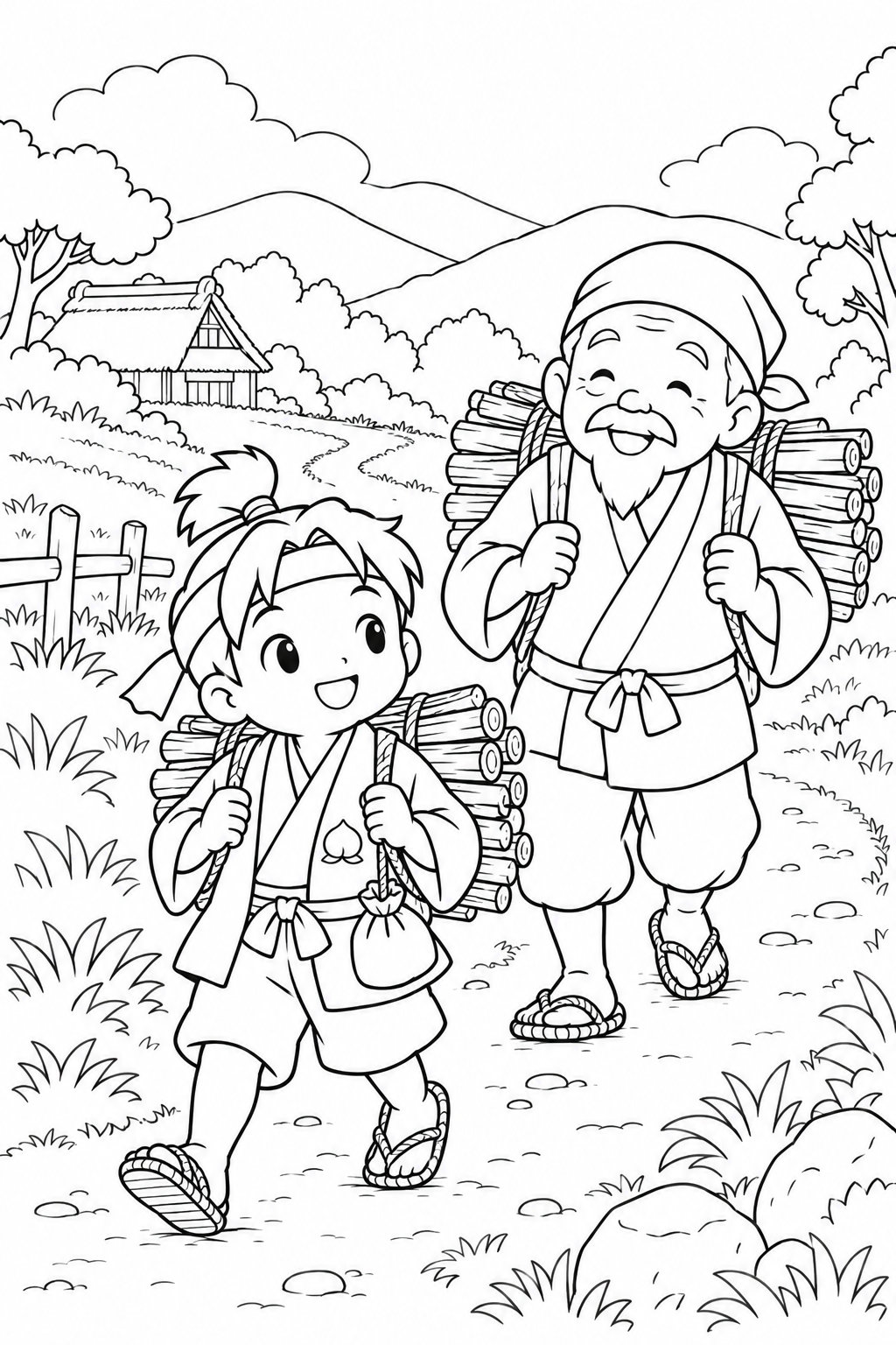ほっこり桃太郎:桃太郎とおじいさんの薪運びの塗り絵