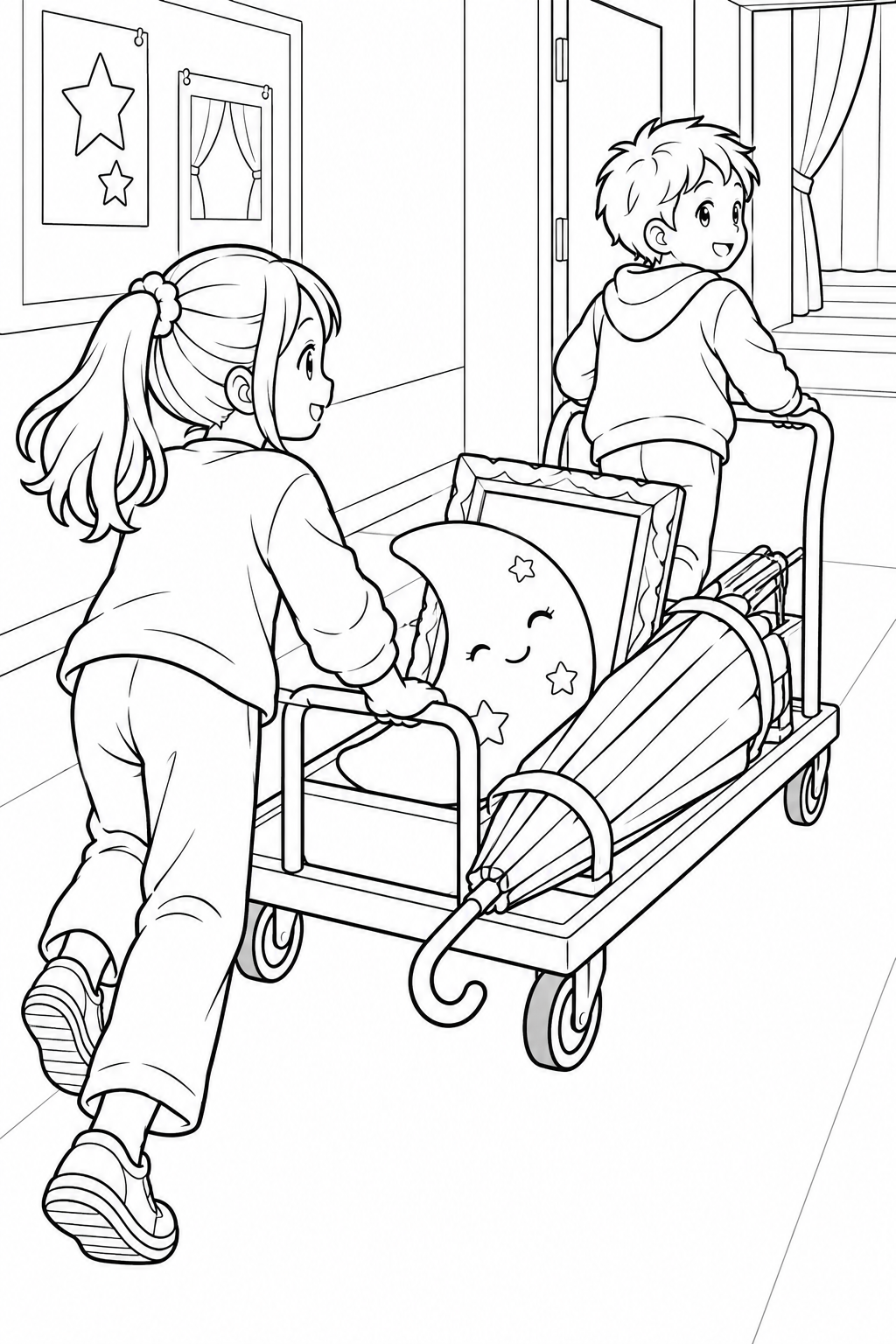 Coloriage Déplaçons le chariot d'accessoires