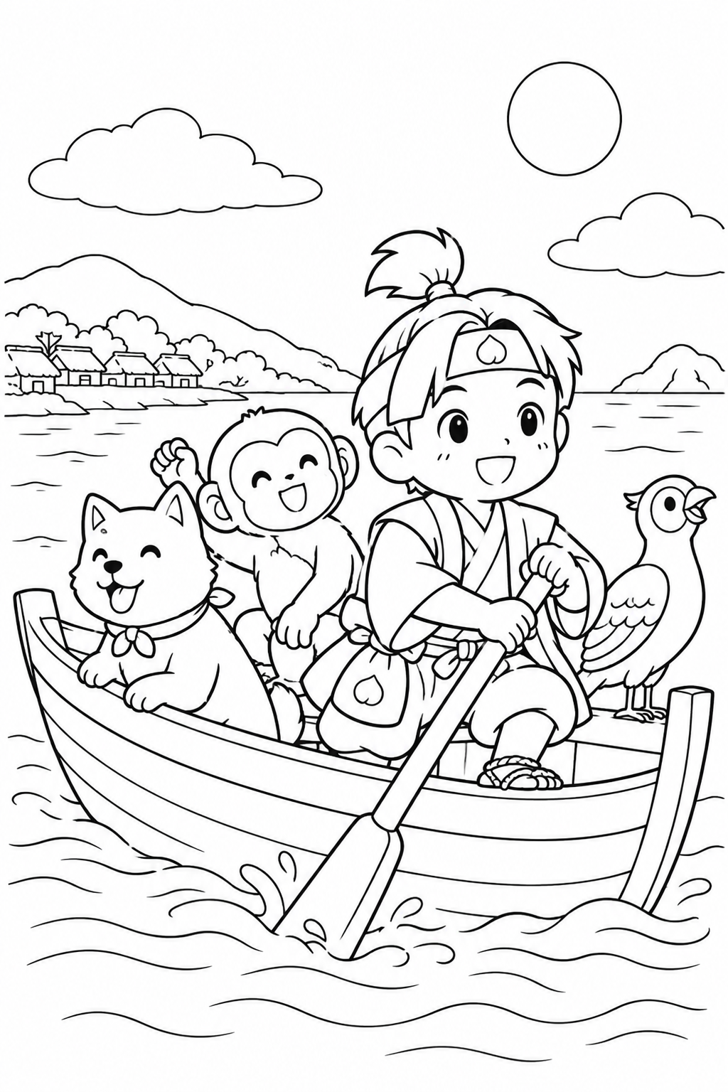 ほっこり桃太郎：桃太郎一行の船出の塗り絵