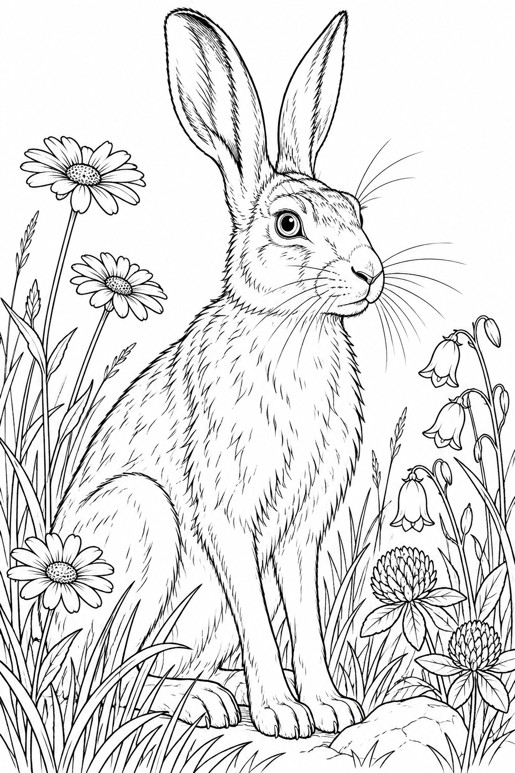 観察スケッチ:ノウサギと草原の花の塗り絵