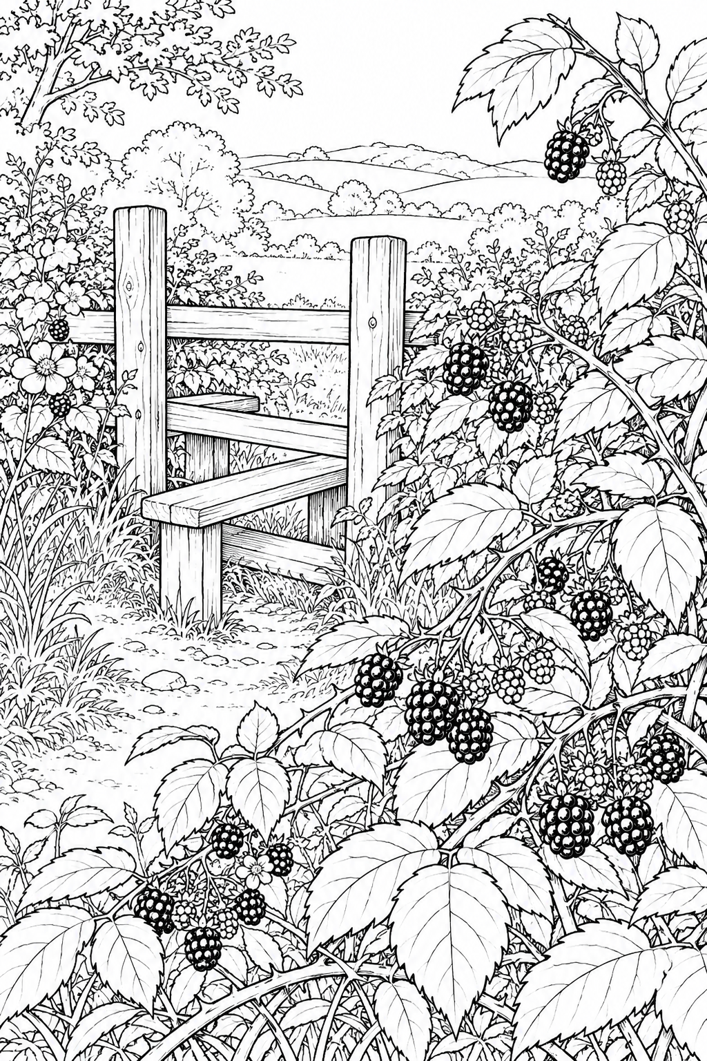 自然のひとこま:ブラックベリーの枝と実の塗り絵