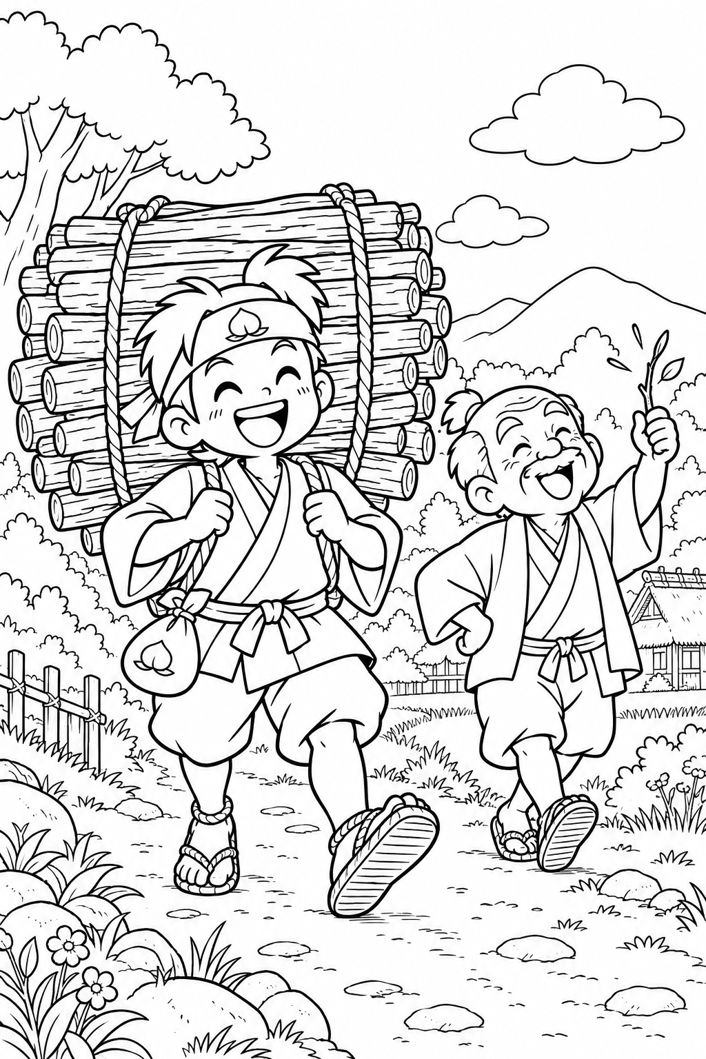 ギャグ桃太郎：桃太郎とおじいさんの薪運びの塗り絵