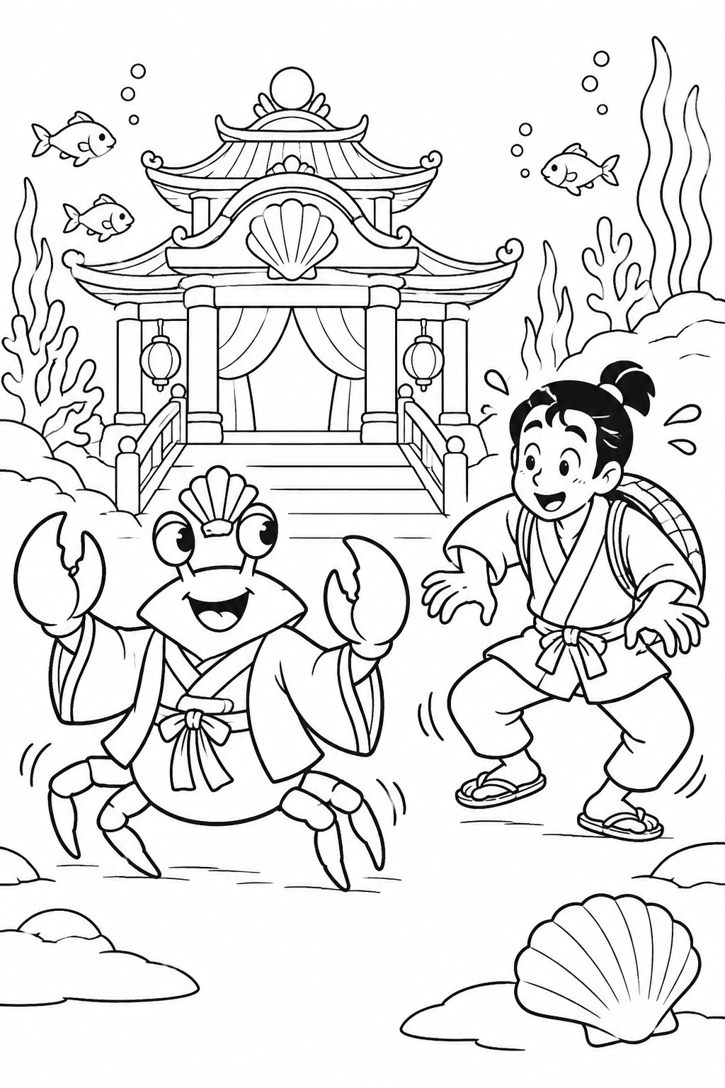 浦島太郎：カニをまねして横歩き（ギャグ）の塗り絵