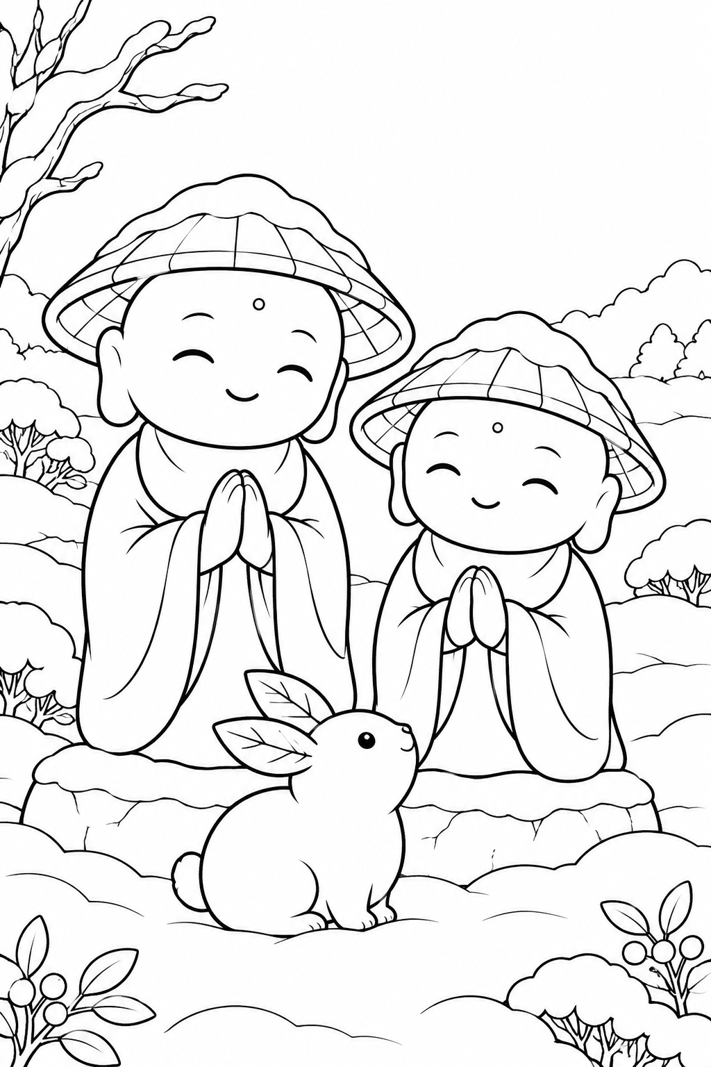 かさじぞう・おじぞうさまと雪うさぎの塗り絵