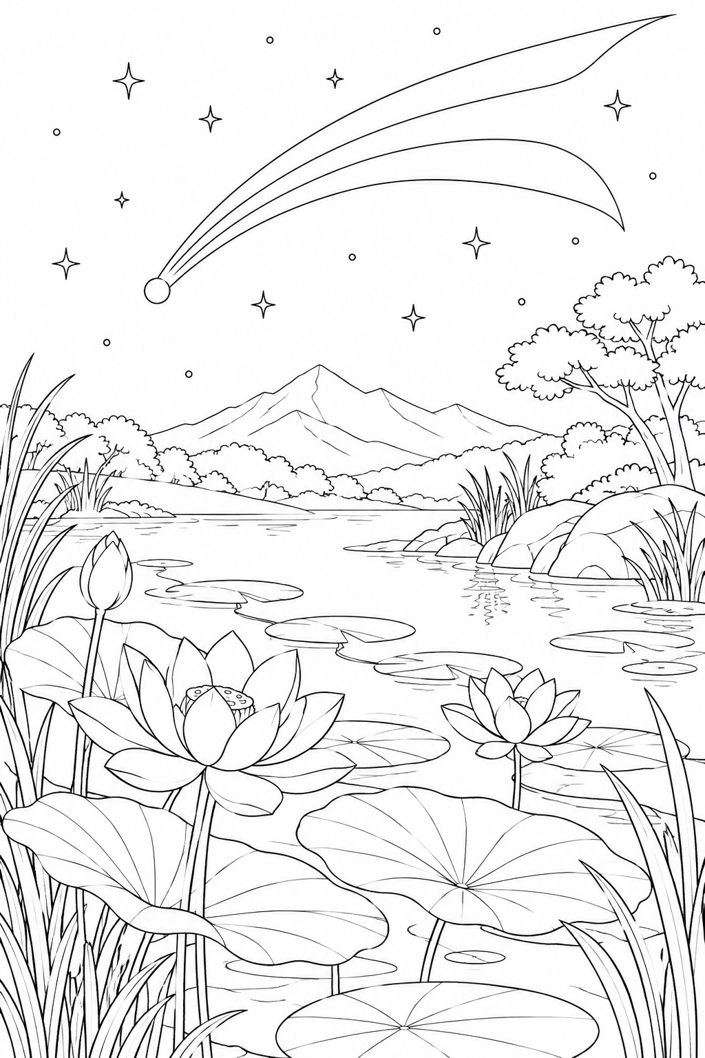 蓮の葉の池と尾をひく彗星の塗り絵