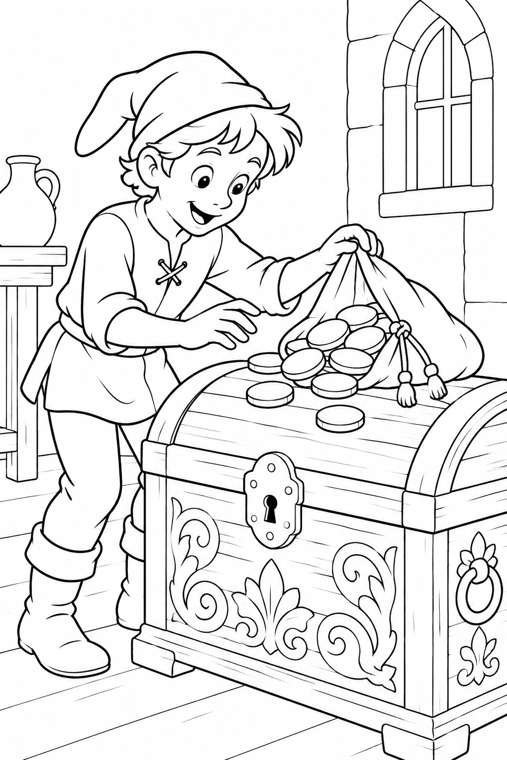 Jack and the Beanstalk・Heartwarming — Discovering a bag of gold coins coloring page