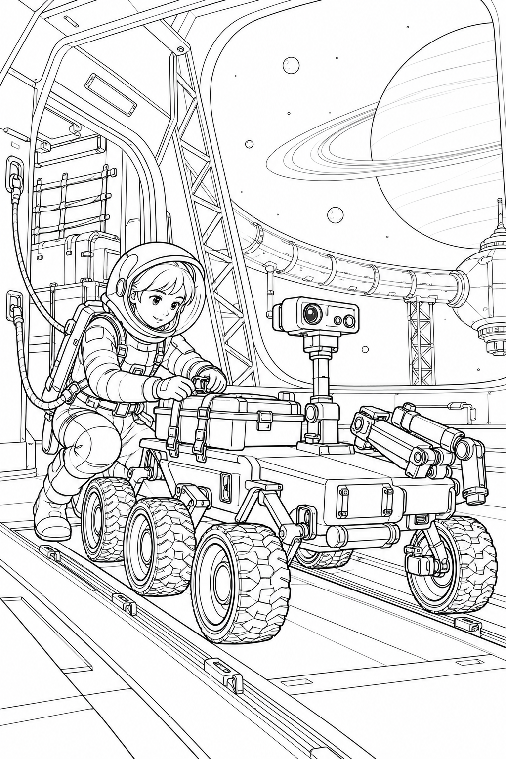 環のある惑星の軌道基地：探査車の出発準備の塗り絵