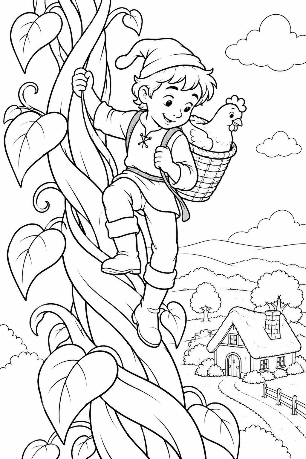 Jack and the Beanstalk・Heartwarming — Down the beanstalk toward home coloring page