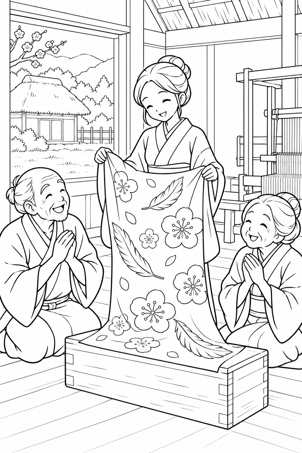 Dibujo de La grulla agradecida:Un regalo de tela con flores de ciruelo para colorear