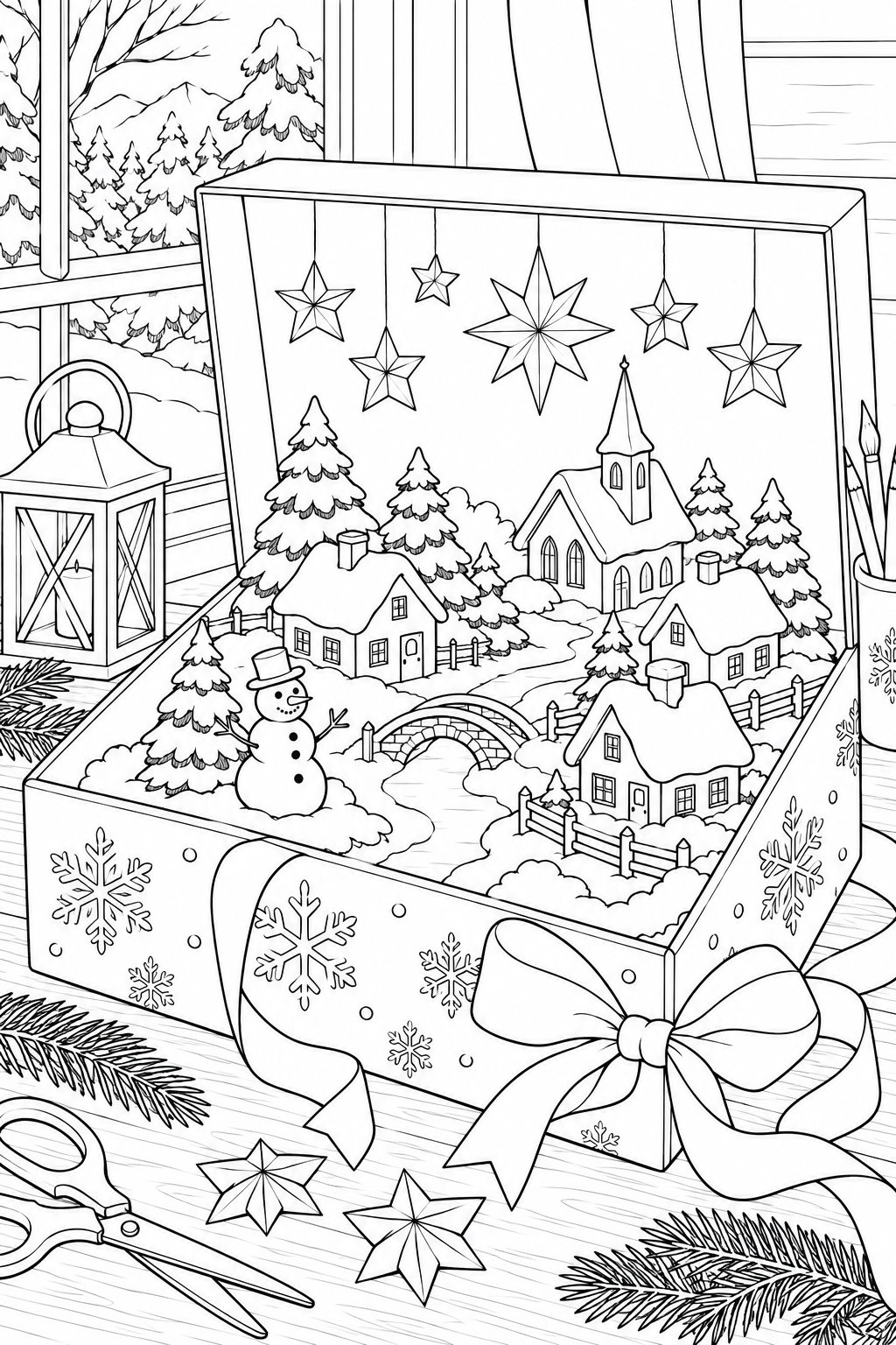冬の箱の中の小さな町の塗り絵