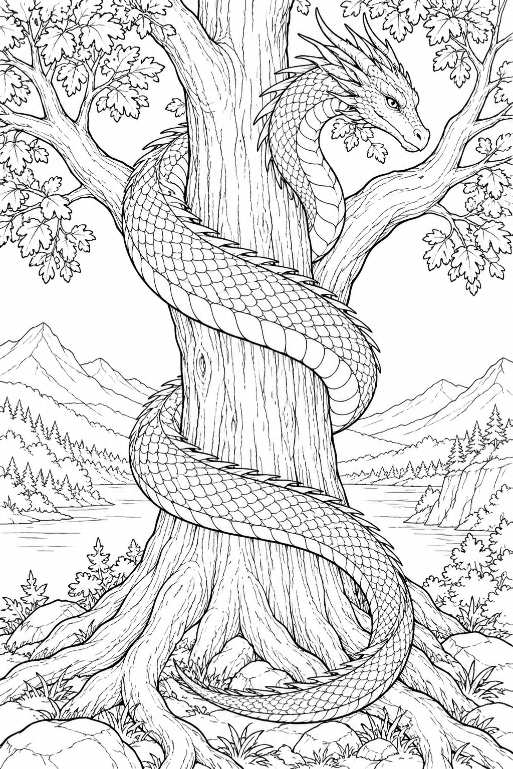 Dibujo de Dragón largo enroscado en un gran árbol para colorear