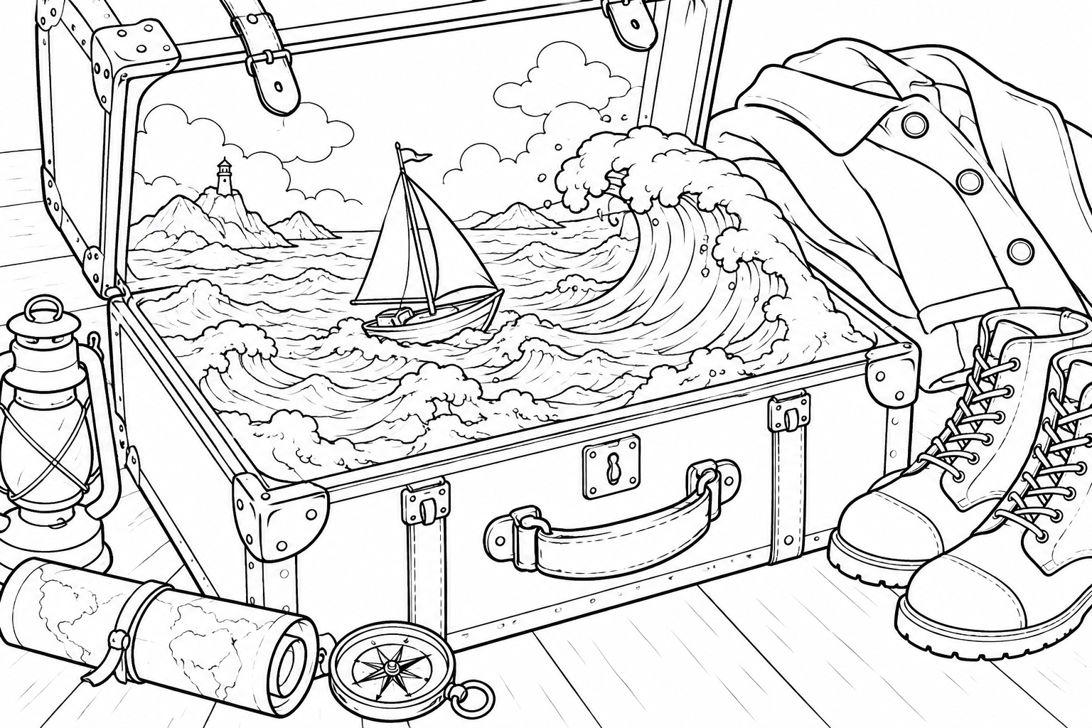 魔法のトランクの中の海の塗り絵