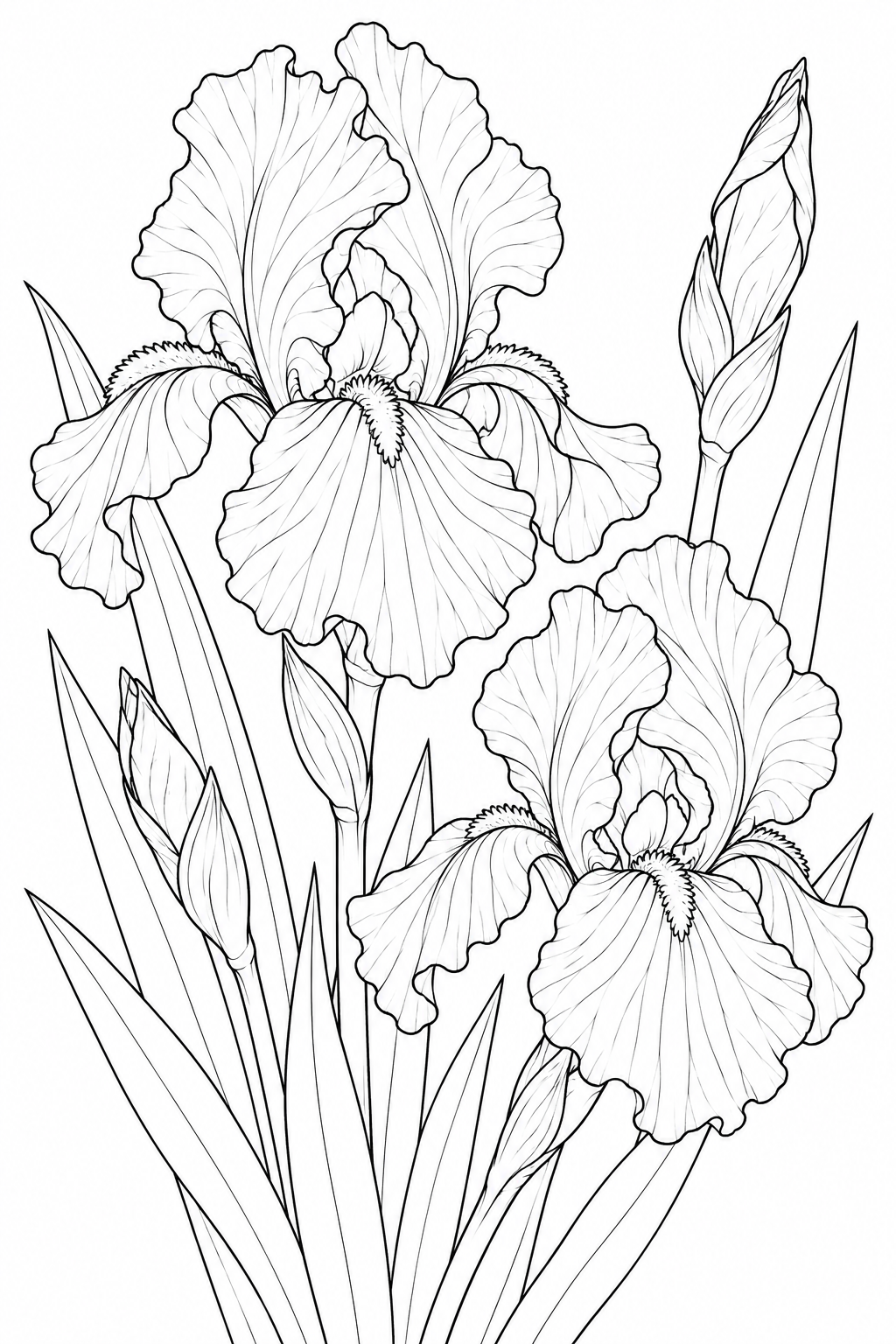 Coloriage Étude de nature : Iris et feuilles en forme d'épée